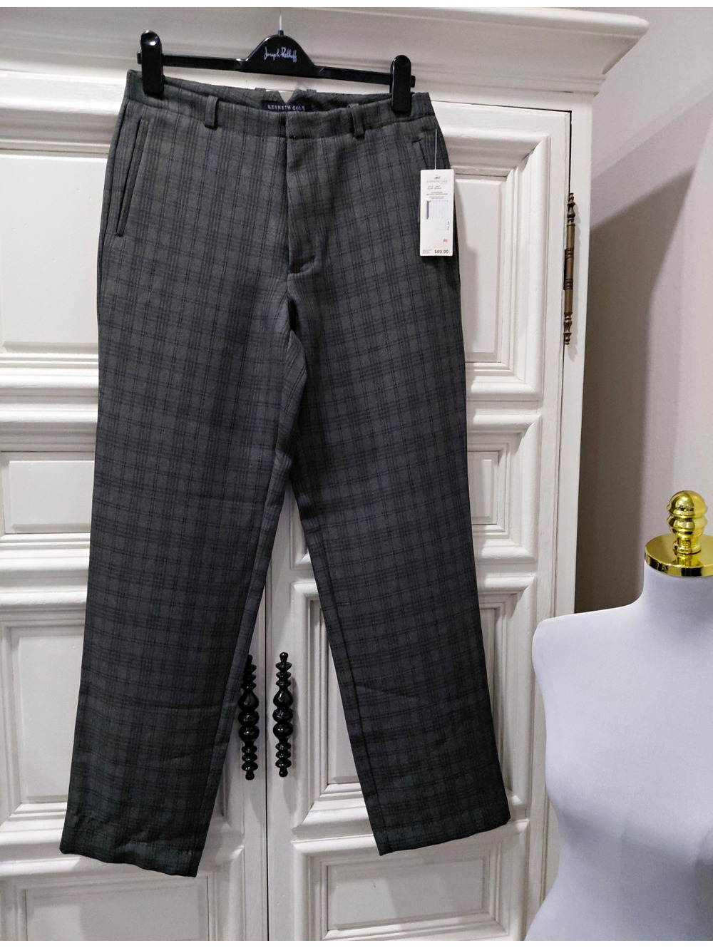 Kenneth Cole New York Men's Gray Plaid Dress Pants Flat Front Straight 32 NWT